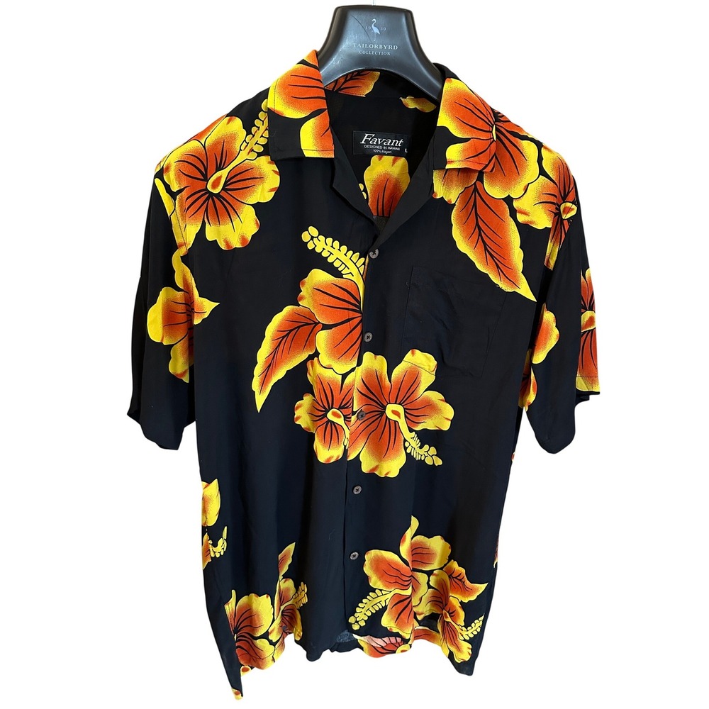 Vintage Favant Hawaii Shirt Mens L Black/Orange Hibiscus Floral Designed Hawaii